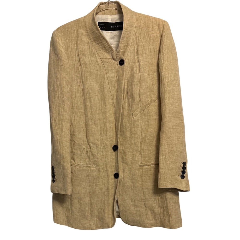ZARA BASIC Women Beige Linen Blend Collarless Long Blazer Jacket Size Medium